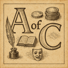 Artifacts of Capitalism emblem with a quill, book, coins, and theatrical mask